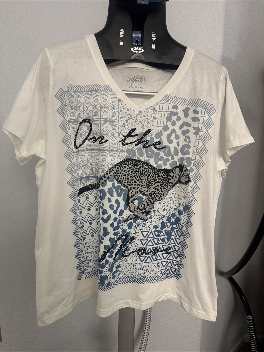 Style & Co. White V-Neck Tee with Blue Graphic Cheetah